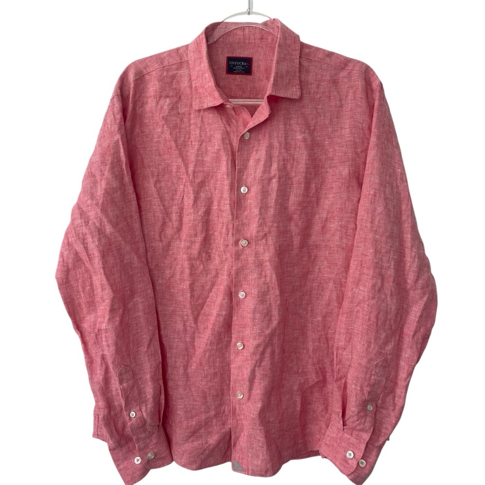 UNTUCKit Button Down Shirt Large Red 100% Linen Long Sleeve Beach Resort Natural